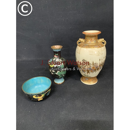 921 - Satsuma vase height 22 cms, Cloisonné vase and bowl