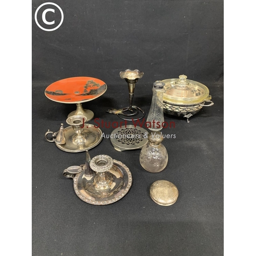 922 - Silver topped scent bottle, Silver lid and collection of plated ware including two Chamber sticks