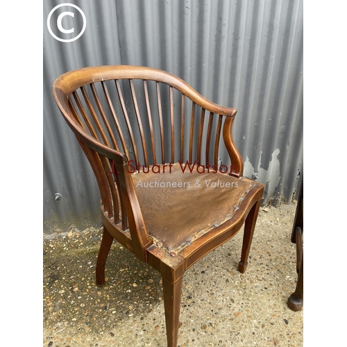 93 - An Edwardian inlaid chair together with a Derbyshire rush seat carver chair