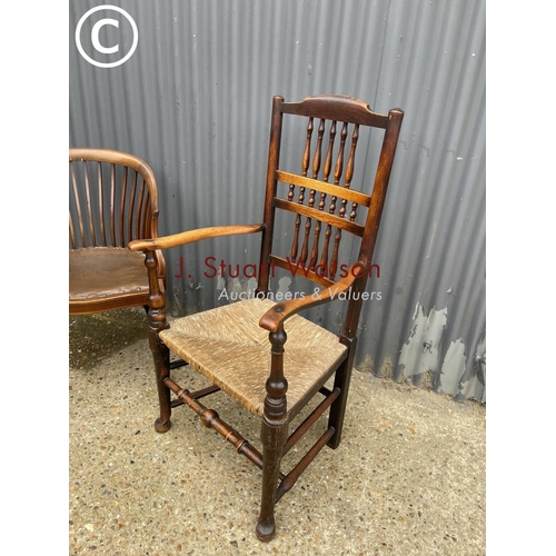 93 - An Edwardian inlaid chair together with a Derbyshire rush seat carver chair