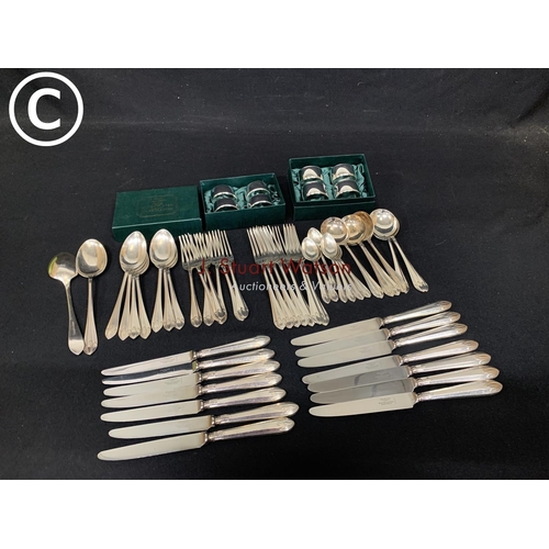 975 - 49 piece Mappin & Webb Silver Plated Cutlery Set and two sets of four Silver plated napkin rings