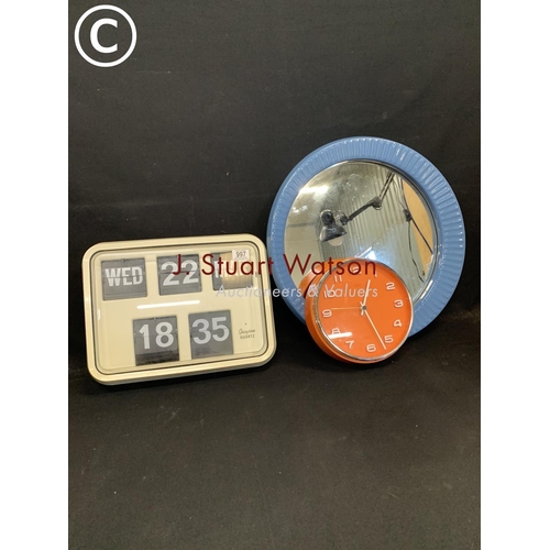 997 - Date clock, orange Metamec clock and porcelain mirror