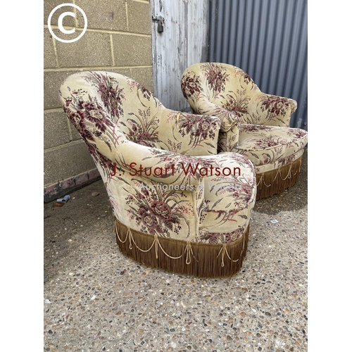 310 - A pair of early 20th century brown and floral pattern bedroom chairs