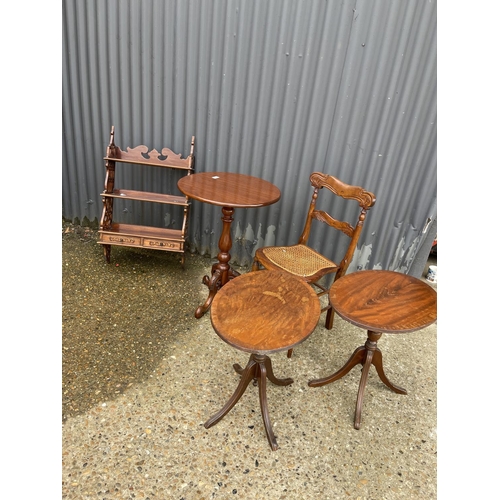 15 - A mahogany occasional table, wall shelf, begere chair and two oval occasional tables