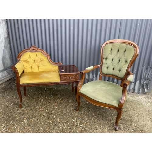 181 - A reproduction Italian style telephone table together with a green upholstered elbow chair