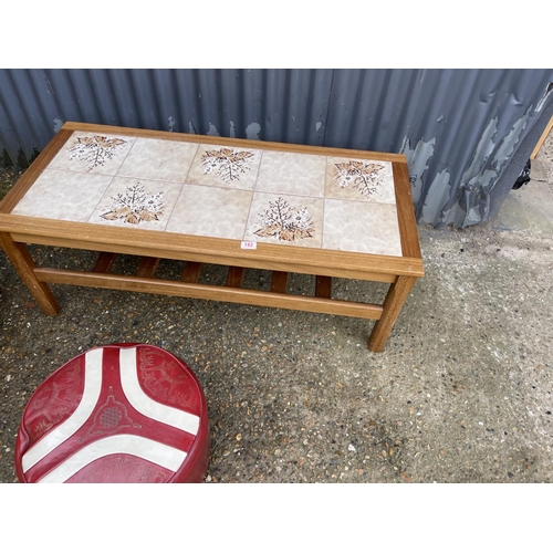 182 - Two teak coffee tables and a red retro poof