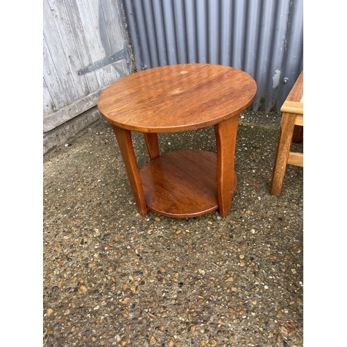 182 - Two teak coffee tables and a red retro poof