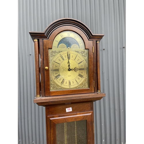 199 - A reproduction longcase clock with weights and pendulum