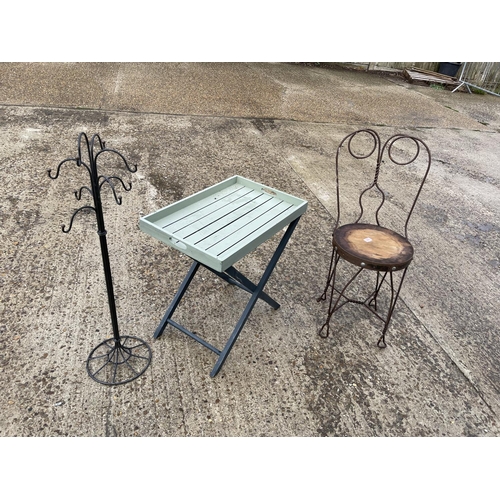 225 - A wirework chair, stand and a wooden tray top table