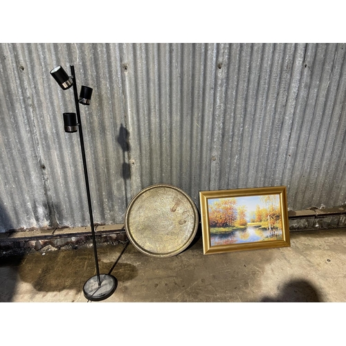 234 - A brass tray, retro floor lamp and a oil picture