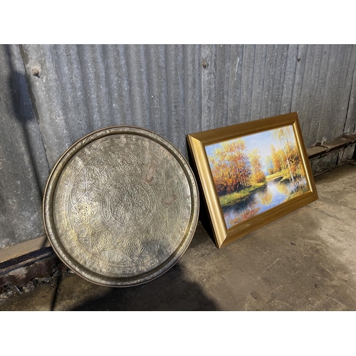 234 - A brass tray, retro floor lamp and a oil picture