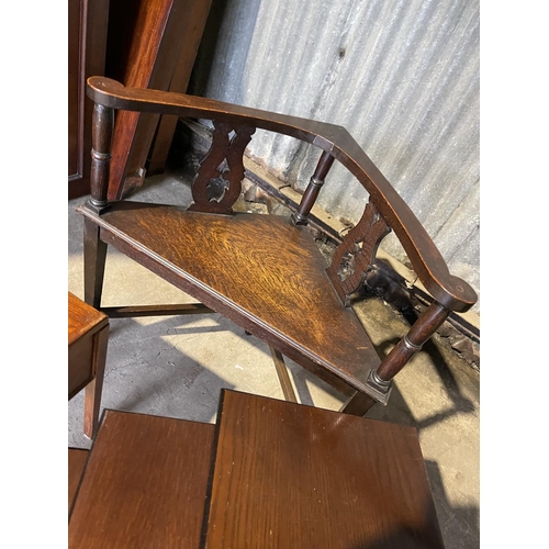 240 - An oak corner chair, oak nest of three and a sewing box