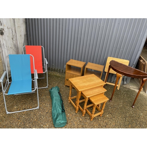 268 - Three folding chairs AS NEW, hall table, nest of three, pair of bedsides and a folding table