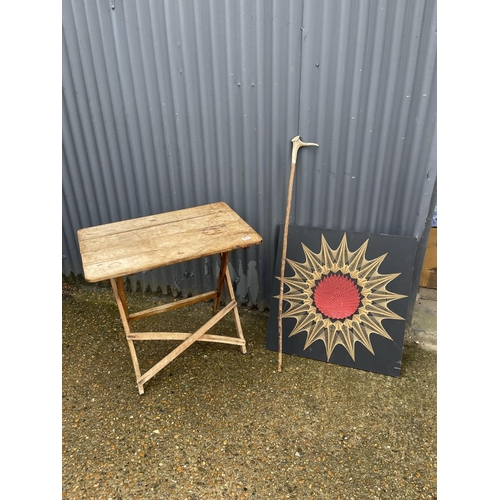 272 - Vintage folding table, rambling stick and retro picture