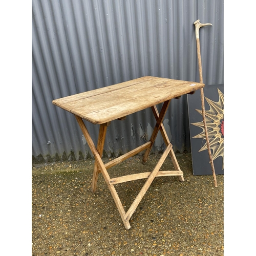 272 - Vintage folding table, rambling stick and retro picture