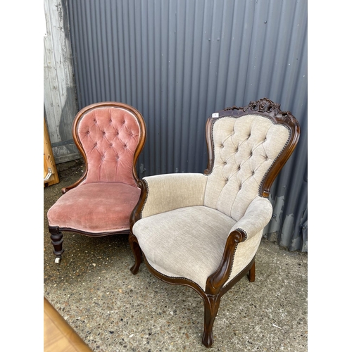 3 - A decorative mahogany framed button back salon chair together with a victorian spoonback bedroom cha... 