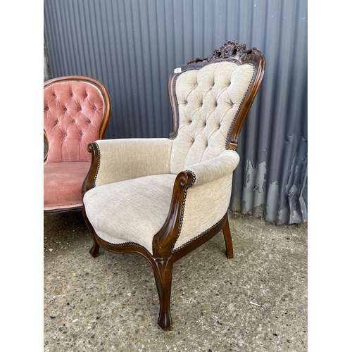 3 - A decorative mahogany framed button back salon chair together with a victorian spoonback bedroom cha... 