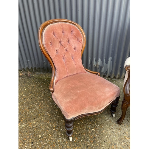 3 - A decorative mahogany framed button back salon chair together with a victorian spoonback bedroom cha... 