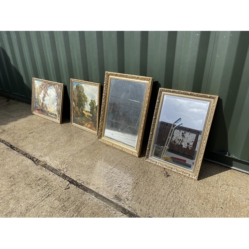 349 - Two large gilt framed mirrors together with two gilt framed pictures