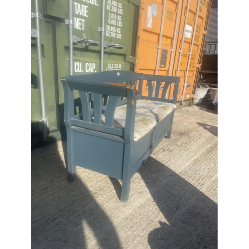 381 - A blue painted continental pine settle bench seat