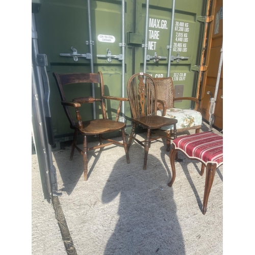 389 - A Windsor chair, a wheel back, beg-ere chair and a french stool