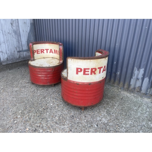 393 - A pair of Petramina seats up cycled from vintage oil drums