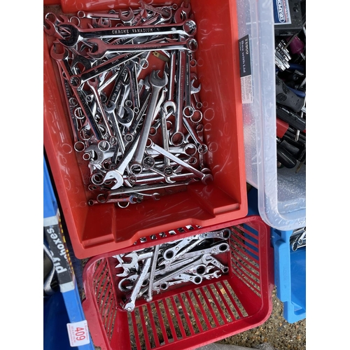 409 - Four trays of spanner's including king dick together with tub of screw drivers etc