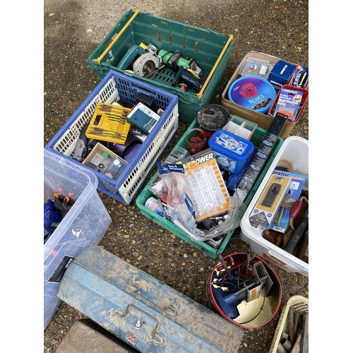 410 - A large quantity of assorted tools including tub of cramps, power tools, metal tool boxes etc