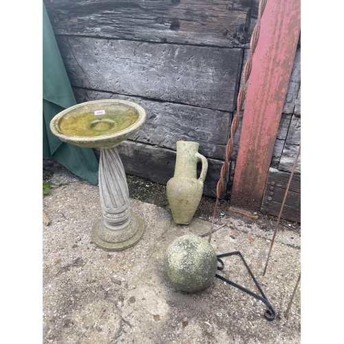 488 - Bird bath , sphere, urn and ironwork ornaments