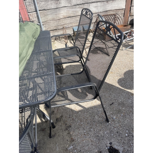 489 - A modern metal garden table and six chairs by KETLER together with umbrella and stand