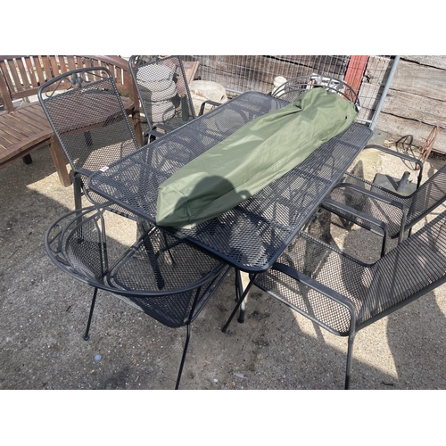 489 - A modern metal garden table and six chairs by KETLER together with umbrella and stand