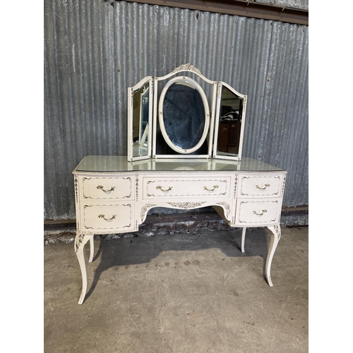 54 - A white painted frenchnstyle dressing table / desk with triple mirror