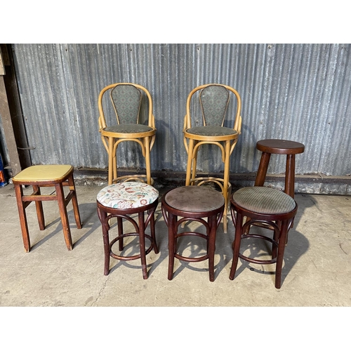 57 - Five  assorted bentwood stools together with two other kitchen stools