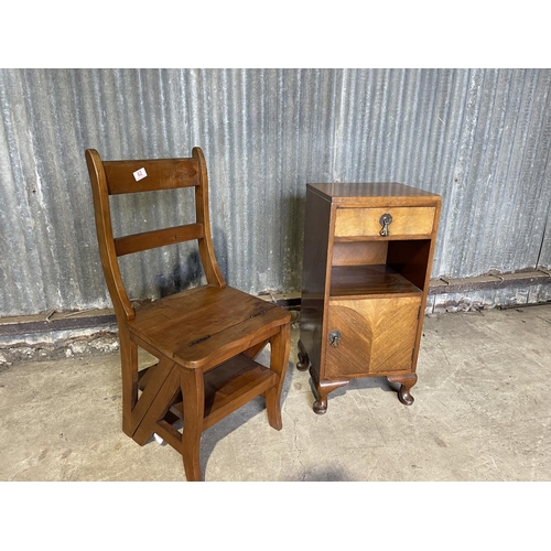 62 - A fold over libary step seat together with a mahogany bedside