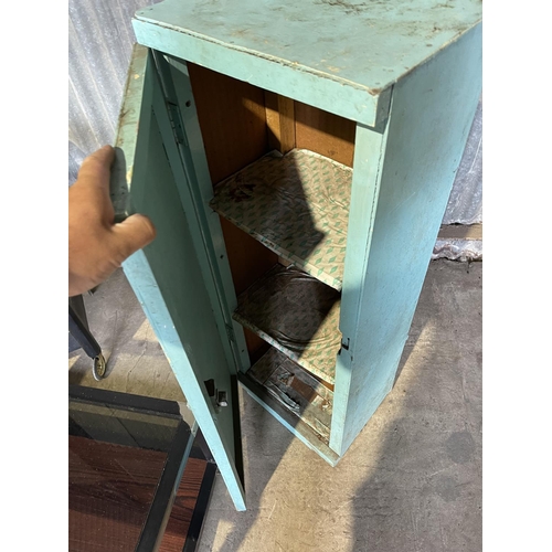 63 - A blue painted larder cupboard together with two black trolley tables