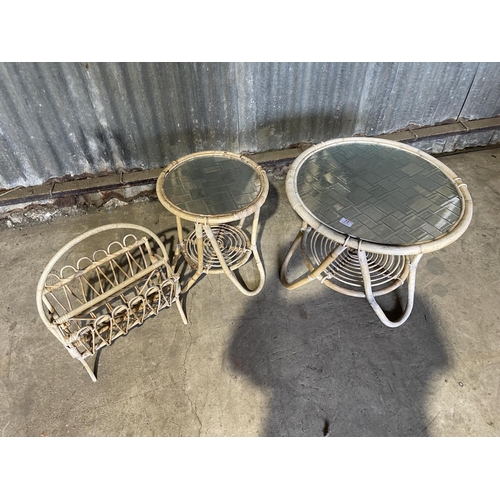 71 - Two circular bamboo coffee tables and bamboo magazine rack