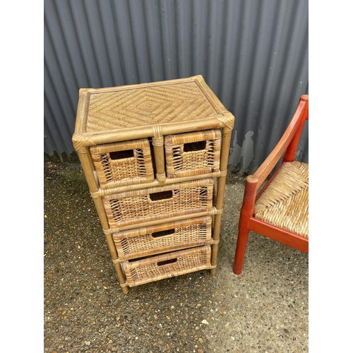 9 - A bamboo chest of five drawers together with a rush seat chair