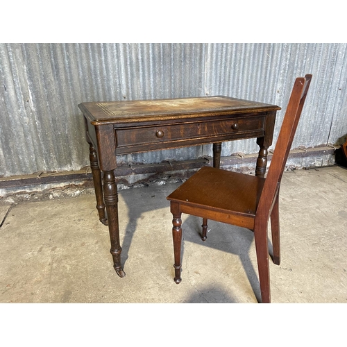 97 - An antique oak single drawer writing table together with a mahogany chair