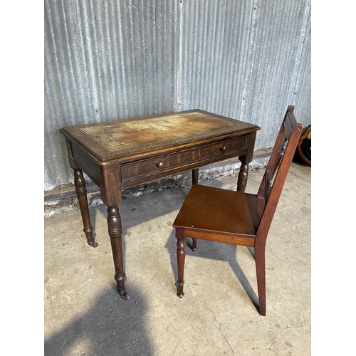 97 - An antique oak single drawer writing table together with a mahogany chair