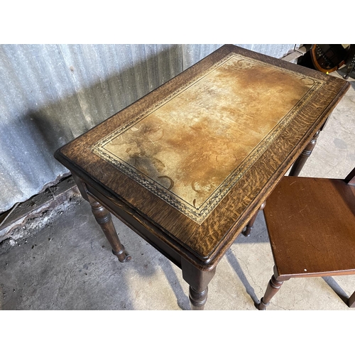 97 - An antique oak single drawer writing table together with a mahogany chair