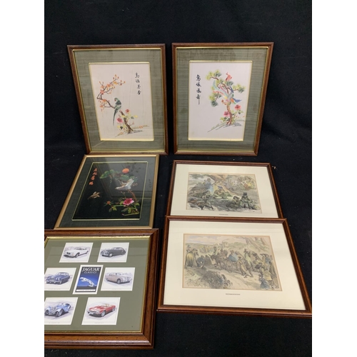 1037 - Three oriental silk pictures, two hop picking prints and Jaguar Car plaque