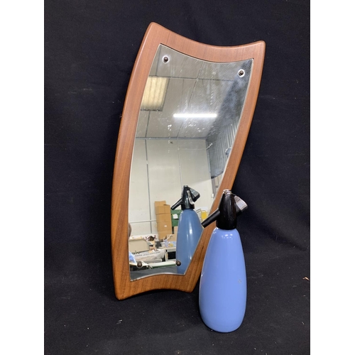 1040 - Teak wall mirror and soda syphon