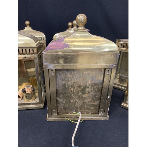 516 - 9 heavy brass wall lanterns, each 23 x11 x 37cms, some a/f