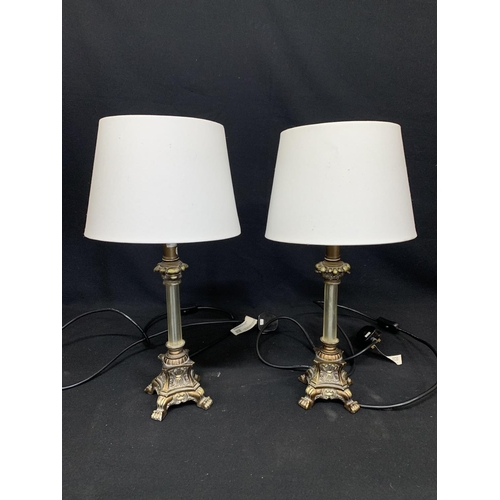 533 - Pair of resin classical style table lamps and shades, overall height 48cms