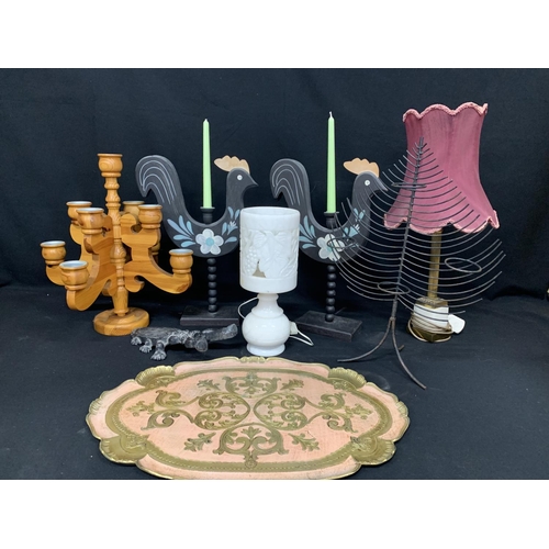 541 - Alabaster lamp, boot Jack, pair painted cockerel candle sticks, pine candle stick, tray etc