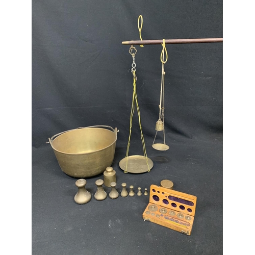 557 - Brass preserving pan, 29cms diameter, set Avery weights, boxed weights and tobacco scale