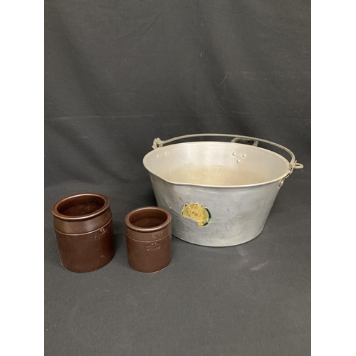 558 - Heavy aluminium preserving pan, 36cms diameter and 2 storage jars