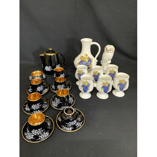 624 - Print Nash Coffee Set, Prink Nash Pottery goblets and Donegal Owl Figure