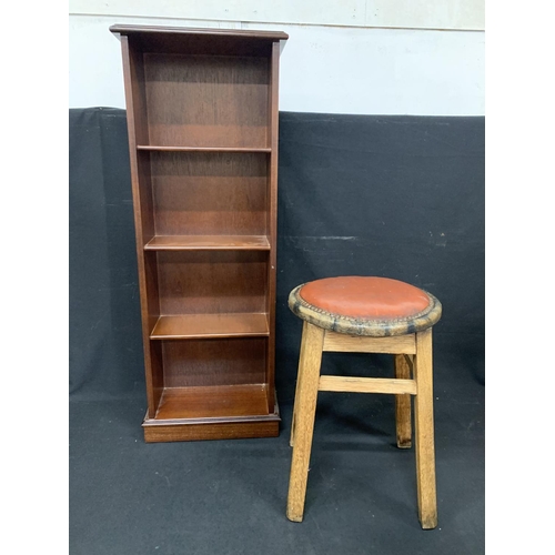 696 - Open book shelf, height 105cms, width 39cms, depth 20cms and stool, height 48cms