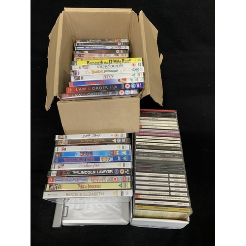 708 - Box of 37 DVDs, many unopened, and portable DVD player and box 27 Jazz CDs (2)